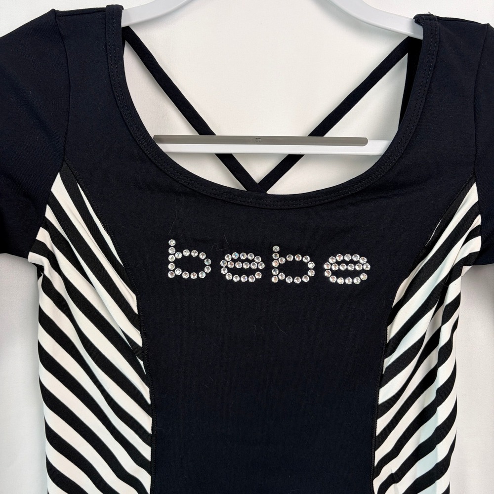 Bebe Bodycon Dress Medium Black White Striped Rhinestone Excellent